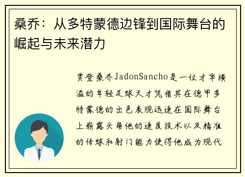 桑乔：从多特蒙德边锋到国际舞台的崛起与未来潜力